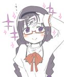  :&gt; akemi_homura black_hair braid glasses hairband hand_on_forehead jewelry mahou_shoujo_madoka_magica mahou_shoujo_madoka_magica_movie pikachi purple_eyes ring smile solo twin_braids 