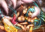  absurdres ahri animal_ears aqua_hair bare_shoulders bracelet breasts brown_eyes brown_hair cleavage fox_ears fox_tail gevurah-studios harp highres instrument jewelry korean_clothes large_breasts league_of_legends long_hair multiple_girls multiple_tails smile sona_buvelle tail thighs very_long_hair 