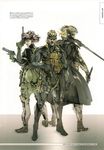  2boys bandana coat cyborg desert_eagle dual_wielding gun handgun headband highres holding knife m1911 meryl_silverburgh metal_gear_(series) metal_gear_solid_4 multiple_boys official_art old_snake pistol raiden shinkawa_youji sneaking_suit solid_snake standing sword vest weapon 