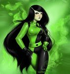  1girl black_hair bodysuit breasts gloves green_background green_eyes kim_possible latex latex_suit lips lipstick makeup shego shiny shiny_clothes solo 