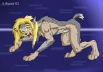  abstract_background all_fours anthro anthrofied blonde_hair brown_body canine fur grey_fur hair keanon_woods long_hair looking_at_viewer mammal nude open_mouth solo transformation were werewolf wolf yellow_eyes 
