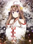  bare_shoulders blush brown_hair detached_sleeves double_bun hair_ornament hairband highres kantai_collection kongou_(kantai_collection) long_hair long_sleeves looking_at_viewer purple_eyes ribbon-trimmed_sleeves ribbon_trim smile solo tom_(drpow) upper_body wide_sleeves 
