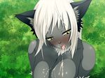  breasts cat_ears catgirl cum cum_in_mouth cum_inside cum_on_breasts drow elf female hair hatsuen_kikan nude solo sweat white_hair yellow_eyes 