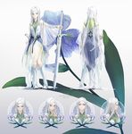  2012 artist_name blue_eyes blush boots dated dress expression_chart flower highres iris_(flower) jane_mere jewelry long_hair multiple_views pixiv_fantasia pixiv_fantasia_sword_regalia pointy_ears see-through sword turnaround very_long_hair weapon white_hair 