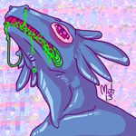  &lt;3 abstract_background ambiguous_gender blue_skin dinosaur drooling jelly jellyraptor mutisija pink_eyes raptor reptile saliva scalie shiny slime solo teeth theropod 