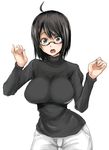  1girl black_eyes black_hair blush breasts gengoroh glasses large_breasts looking_at_viewer open_mouth servant_x_service simple_background sweater white_background yamagami_lucy yamagami_lucy_kimiko_akie_airi_shiori_rinne_yoshiho_ayano_tomika_chitose_sanae_mikiko_ichika 