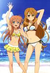  absurdres arm_behind_head arm_up beach bikini blue_eyes blush breasts brown_eyes brown_hair cleavage cloud day golden_time highres kaga_kouko legs long_hair long_legs medium_breasts multiple_girls non-web_source nyantype ocean official_art oka_chinami open_mouth outdoors scan side-tie_bikini sky smile swimsuit takahashi_mika very_long_hair water 