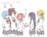  akemi_homura black_hair blonde_hair blue_hair bow braid drill_hair glasses hair_bow hair_ribbon kaname_madoka long_hair mahou_shoujo_madoka_magica mahou_shoujo_madoka_magica_movie miki_sayaka multiple_girls pikachi pink_hair red_hair ribbon sakura_kyouko school_uniform short_hair short_twintails tomoe_mami translated twin_braids twin_drills twintails 