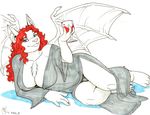 alcohol anthro bat beverage big_breasts blue_eyes breasts cleavage clothed clothing demon_wings erect_nipples female glass hair long_hair looking_at_viewer mammal max_blackrabbit monochrome nipples pose red_hair side_view smile solo spread_wings wine wings 