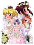  absurdres bird blonde_hair blue_eyes blush braid breasts bride cleavage closed_eyes crow dress flower glasses happy highres medium_breasts multiple_girls purple_hair red_eyes red_hair smile tsurugi_yasuyuki wedding_dress 