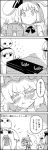  4koma :x =_= ascot blush comic commentary_request eating food frilled_kimono frills greyscale hair_ribbon hairband hat highres holding holding_food japanese_clothes kettle kimono konpaku_youmu konpaku_youmu_(ghost) long_sleeves looking_at_viewer mob_cap monochrome on_head pouring ribbon saigyouji_yuyuko short_hair smile steam taiyaki tani_takeshi tears touhou translation_request trembling triangular_headpiece wagashi water yukkuri_shiteitte_ne 