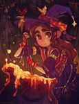  armlet ava's_demon ava_ire brown_eyes brown_hair cauldron cooking dress eyebrows fingerless_gloves frog gloves hair_ribbon hat herb_bundle highres long_hair md5_mismatch michelle_czajkowski multicolored multicolored_eyes red_eyes ribbon solo stirring vest witch witch_hat 