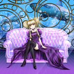  alternate_legwear aoki_hagane_no_arpeggio aquarium black_legwear blonde_hair choker couch crossed_legs dress eyeshadow high_heels ikebukuro_maria kongou_(aoki_hagane_no_arpeggio) lipstick makeup personification red_eyes shark sitting solo thighhighs window 