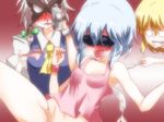  ascot blindfold blonde_hair blood blue_hair blush bottomless braid butterfly_mask camcorder fang feathers female_pervert flandre_scarlet grey_hair grin heavy_breathing izayoi_sakuya mask multiple_girls nosebleed o_o open_mouth panties panties_around_one_finger panties_removed pervert pink_panties remilia_scarlet short_hair smile takorice tank_top tickling touhou twin_braids underwear wristband 