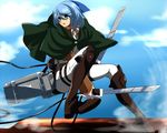  bad_anatomy blue_eyes blue_hair boots cape cirno cosplay hair_ribbon highres negiko paradis_military_uniform ribbon shingeki_no_kyojin solo touhou weapon 