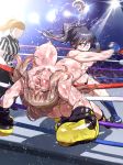  3girls artist_request bangs battle blood boxing boxing_gloves breasts brown_eyes brown_hair bruise bruise_on_face catfight defeat injury large_breasts mouth_guard multiple_girls original ponytail punched referee ryona saliva sweat thong topless unaligned_breasts unconscious 