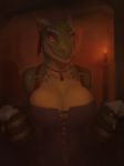  2019 alcohol anthro argonian beer beverage big_breasts breasts candle cleavage clothed clothing corset eyelashes female holding_beverage horn jewelry lingerie lizard looking_at_viewer necklace neracoda orange_eyes reptile scales scalie smile solo the_elder_scrolls video_games 