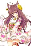 animal_ears brown_hair cat_ears cat_tail earrings floral_print flower hair_flower hair_ornament japanese_clothes jewelry kimono long_hair magatama multiple_tails necklace nekomata original red_eyes simple_background solo tail two_tails won_(az_hybrid) yellow_flower 