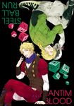  blonde_hair blood bloody_hands cube diego_brando dio_brando gloves green_shirt jojo_no_kimyou_na_bouken meng_bu_chong multiple_boys red_eyes scary_monsters_(stand) shirt short_hair steel_ball_run stone_mask_(jojo) sweater tail turtleneck upside-down 