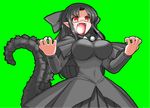  animated animated_gif black_dress black_hair bouncing_breasts bow breasts dress fangs fusion godzilla godzilla_(series) gojiren green_background hair_bow impossible_clothes impossible_shirt large_breasts len long_hair m.u.g.e.n melty_blood mono_(moiky) open_mouth pointy_ears red_eyes shirt simple_background solo source_request tail tsukihime 