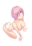  1girl all_fours areolae ass breasts collarbone eyes_visible_through_hair fate/grand_order fate_(series) full_body hair_between_eyes hair_over_one_eye looking_at_viewer mash_kyrielight medium_breasts panties parted_lips pink_hair purple_eyes shiny shiny_skin short_hair simple_background solo topless underwear underwear_only white_background white_panties xion32 