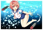  blush brown_hair flower hair_flower hair_ornament i-58_(kantai_collection) kantai_collection light_brown_hair one-piece_swimsuit open_mouth red_eyes school_swimsuit school_uniform serafuku short_hair sk_(buta) smile solo swimsuit swimsuit_under_clothes torpedo underwater 