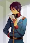  gundam kai_shiden kiyo_(misato89) lowres military military_uniform mobile_suit_gundam paper purple_hair reading uniform 