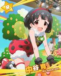  2boys :d animal_costume antennae black_gloves black_hair blush brown_eyes bug character_name fake_antennae fur_trim gloves hairband idolmaster idolmaster_million_live! insect insect_wings ladybug ladybug_costume multiple_boys nakatani_iku name_tag official_art open_mouth short_hair smile wings 