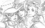  ahoge alan_wansom bliss_barson breasts capelet cleavage cryamore deseret_amoir greyscale halloween halloween_costume hat leaf lipstick makeup medium_breasts mole monochrome moon multiple_girls reaching_out sailor_collar self_shot sketch smile sorbet_la_carelle witch_hat 