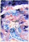  aoi_yuuka_(ao_no_kokoro) bare_shoulders breasts bug butterfly cleavage frills hand_on_own_face hand_on_own_shoulder hat insect japanese_clothes kimono large_breasts long_sleeves making_of off_shoulder pink_eyes pink_hair saigyouji_yuyuko short_hair solo touhou traditional_media triangular_headpiece watercolor_(medium) wide_sleeves 