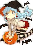  bachera bat blue_hair blush cyclops earrings halloween hat jewelry long_hair long_sleeves looking_at_viewer no_pupils one-eyed original outline pumpkin silver_eyes simple_background skirt sleeves_past_wrists solo striped striped_legwear sweater thighhighs white_background witch_hat zettai_ryouiki 