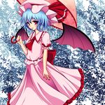  ascot bat_wings blouse blue_hair bow collared_shirt dress frilled_dress frilled_shirt frilled_skirt frills hat hat_bow holding junior27016 large_bow leaf leaf_background looking_at_viewer mob_cap parasol pink_dress pink_shirt pointy_ears puffy_sleeves red_eyes remilia_scarlet ribbon shirt short_sleeves skirt skirt_set smile solo standing touhou umbrella wings 