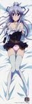  absurdres bed bed_sheet belt blue_eyes blush bow bow_panties campione! copyright_name dakimakura full_body highres liliana_kranjcar long_hair looking_at_viewer lying off_shoulder official_art on_back on_bed panties purple_hair solo thigh_gap thighhighs underwear white_legwear 
