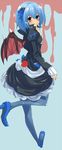  absurdres bat_wings blue_eyes blue_hair blue_legwear cirno cosplay finger_to_mouth highres negiko pantyhose short_hair solo touhou wings 