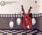  1boy bathroom capcom dante devil_may_cry fake_screenshot handstand indoors life_bar musical_note peeing score sevi solo spoken_musical_note sword toilet weapon white_hair 