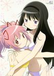  absurdres akemi_homura bikini black_hair blue_eyes blush hair_ribbon hairband highres kaname_madoka long_hair magical_girl mahou_shoujo_madoka_magica multiple_girls nyantype official_art pink_eyes pink_hair ribbon scan shinohara_kenji short_hair short_twintails side-tie_bikini smile swimsuit twintails yuri 