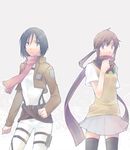  belt black_hair brown_hair buckle clenched_hands emblem grey_background jacket lavender_skirt long_sleeves looking_at_another looking_at_viewer mikasa_ackerman multiple_girls open_clothes open_jacket paradis_military_uniform pleated_skirt ponytail radio_magic scarf shingeki_no_kyojin short_hair simple_background skirt standing sweater_vest thigh_strap thighhighs yarizakura_hime yozakura_quartet zettai_ryouiki 