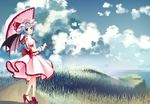  blue_hair bow clouds dress grass junior27016 red_eyes remilia_scarlet sky touhou umbrella wings 