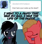  ask_pun black_eye black_hair brown_hair cloud clouds dead dialog duo equine eyes_closed facepalm female feral friendship_is_magic fur grey_eye grey_fur hair horse humor mammal my_little_pony open_mouth outside pegasus pony pun_pony rainbow_dash_(mlp) red_fur stiches text tongue tumblr undead wings zombie 