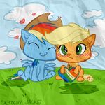  &lt;3 animated applejack_(mlp) blonde_hair blush cloud cowboy_hat duo equine eyes_closed female feral freckles friendship_is_magic grass green_eyes hair hat horse mammal multi-colored_hair my_little_pony nuzzle pegasus pony rainbow_dash_(mlp) rainbow_hair sitting sketchy sketchyjackie sky wings young zap_apple 