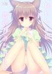  1girl :o animal_ears bangs bare_legs barefoot brown_hair commentary_request doujinshi dress dress_lift eyebrows_visible_through_hair green_dress hair_between_eyes hair_ribbon hands_up lifted_by_self long_hair navel no_panties original parted_lips puffy_short_sleeves puffy_sleeves red_eyes ribbon short_sleeves sitting solo sumii tail_censor translation_request very_long_hair white_ribbon 