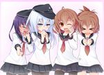  &gt;_&lt; ;d akatsuki_(kantai_collection) brown_eyes brown_hair closed_eyes condom fang folded_ponytail hat hibiki_(kantai_collection) ikazuchi_(kantai_collection) inazuma_(kantai_collection) kantai_collection long_sleeves multiple_girls neckerchief one_eye_closed open_mouth pantyhose pleated_skirt purple_hair red_neckwear school_uniform serafuku shamo_(koumakantv) silver_hair skirt smile thighhighs zettai_ryouiki 