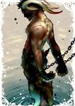  blood bound chain demon horn male pockyrumz pose red_eyes satyr solo water whirlpool wounded 