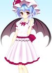  bat_wings blouse blue_hair bow collared_shirt dress frilled_dress frilled_shirt frilled_skirt frills gradient gradient_background hat hat_bow junior27016 large_bow looking_at_viewer mob_cap pink_dress pink_shirt pink_skirt pointy_ears puffy_sleeves red_eyes remilia_scarlet ribbon shirt short_sleeves simple_background skirt skirt_set smile solo standing touhou wings 