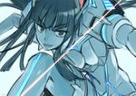  armor black_hair breasts cleavage cleavage_cutout glowing grin junketsu kill_la_kill kiryuuin_satsuki large_breasts long_hair ninomoto smile spikes suspenders thighhighs 