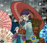  bandana blonde_hair box colorful earrings facepaint floral_print japanese_clothes jewelry kimono kusuriuri_(mononoke) long_hair looking_at_viewer makeup male_focus medallion medicine_box mononoke necklace obi oriental_umbrella pointy_ears sash shiina_yuuto solo sun_(symbol) umbrella 