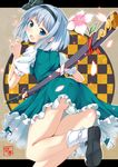  ass blue_eyes flower green_skirt hair_ornament katana konpaku_youmu letterboxed looking_at_viewer looking_back ok-ray open_mouth panties pantyshot pantyshot_(standing) petals puffy_sleeves shirt short_sleeves silver_hair skirt solo standing sword touhou underwear upskirt weapon white_panties 