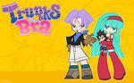  2boys blue_eyes boots bra_(dragon_ball) brother_and_sister character_doll dragon_ball dragon_ball_gt ffyak full_body green_eyes green_hair highres multiple_boys panty_&amp;_stocking_with_garterbelt parody purple_hair siblings skirt style_parody super_saiyan_4 trunks_(dragon_ball) vegeta 