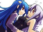  2girls ? bad_id bad_pixiv_id blue_hair blush borrowed_character breasts eye_contact genderswap genderswap_(mtf) hakoniwa_tsuka hinomori_mifuyu long_hair looking_at_another lying medium_breasts misumi_(nanaroku) multiple_girls on_back pixiv_fantasia purple_hair red_eyes short_hair simple_background smile upper_body very_long_hair white_background 