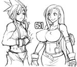  1girl :&lt; breasts cloud_strife covered_nipples damage_numbers earrings elbow_pads final_fantasy final_fantasy_vii gameplay_mechanics gloves greyscale grin huge_breasts impossible_clothes impossible_shirt jewelry long_hair matsu-sensei midriff monochrome navel o_o parted_lips shirt sketch smile suspenders tank_top tifa_lockhart 